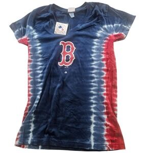 Boston Red Sox Shirt Womens Tie Dye Navy Red MLB Baseball Majestic V Neck